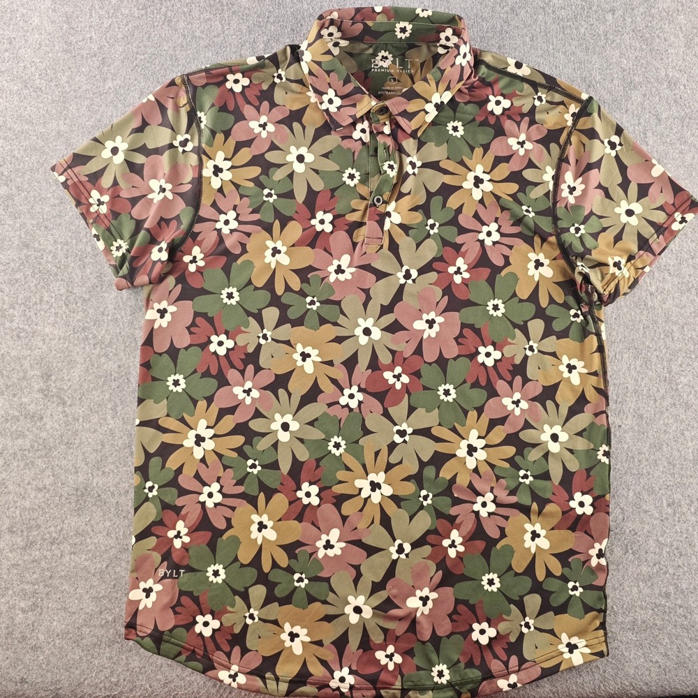 BYLT Polo Shirt Mens Large Short Sleeve Performance Golf Earth Tones Floral